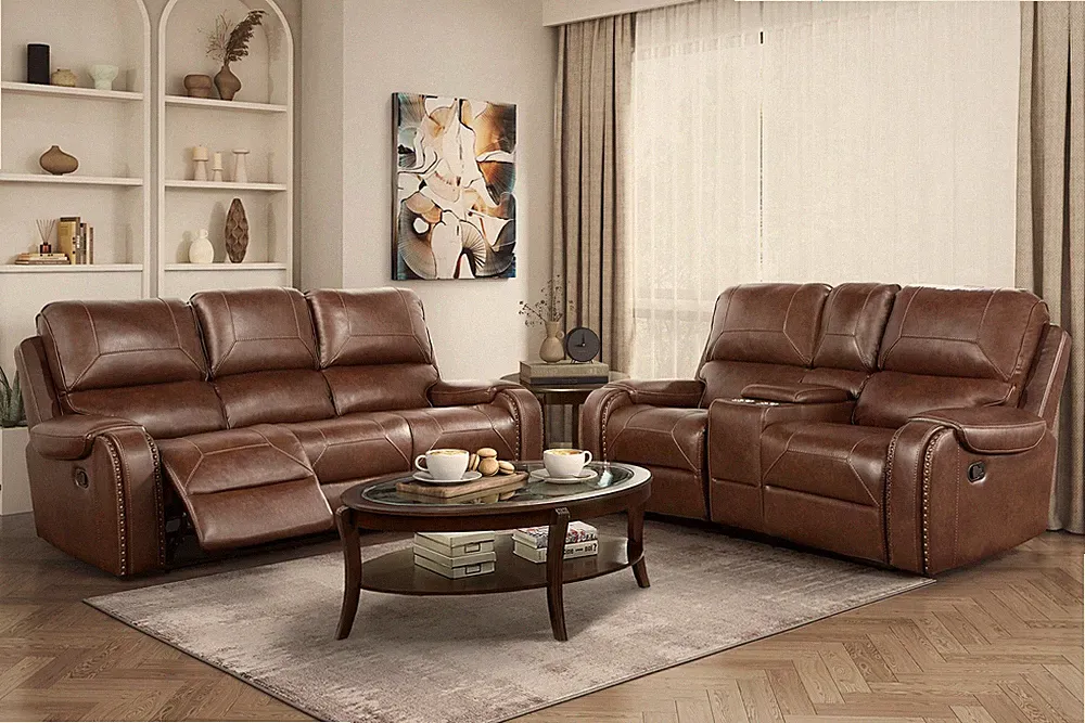 Comfortable Reclining Sofa 2pc Set Brown Faux Leather Upholstered Dual Reclini