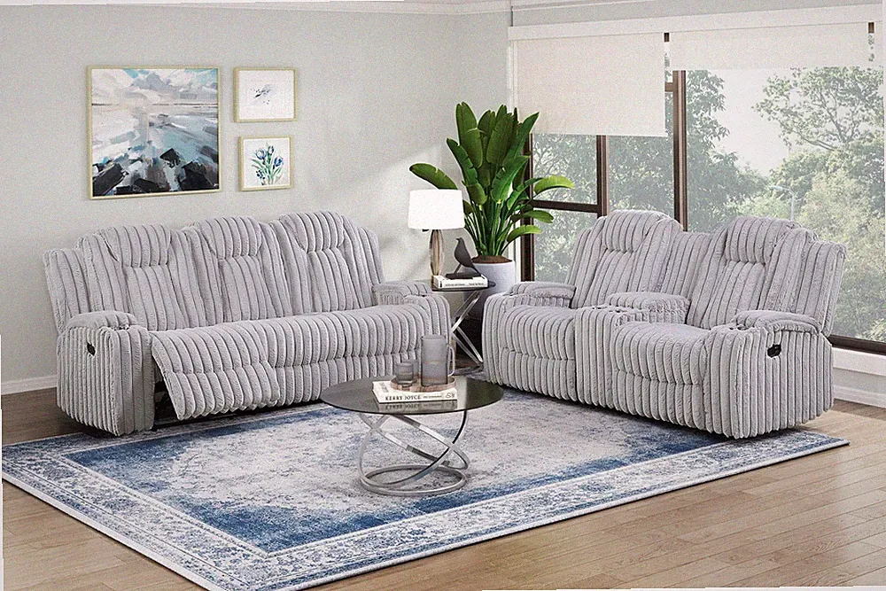 Light Gray Reclining Sofa & Loveseat w/ Storage Console, Cup Holders, Corduroy
