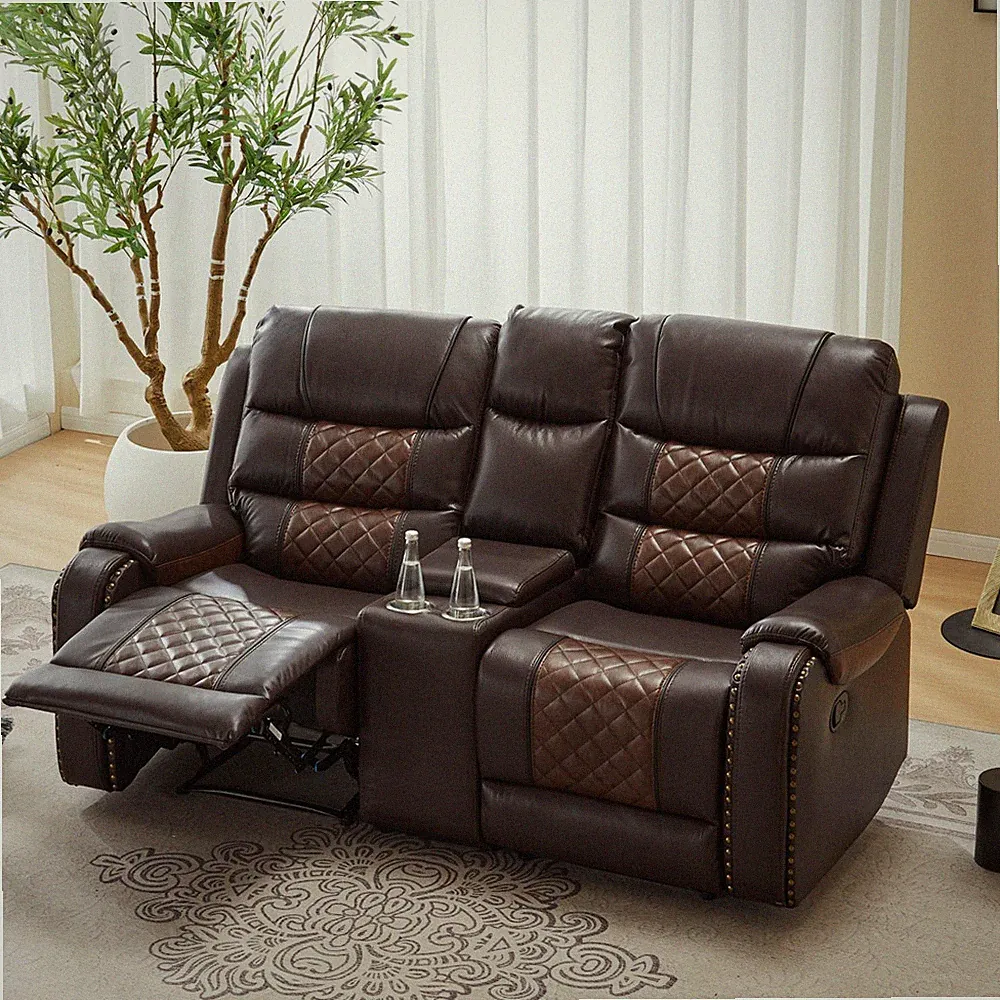 Modern Leather Reclining Loveseat 2-seater Set w/ Storage & Cup Holders