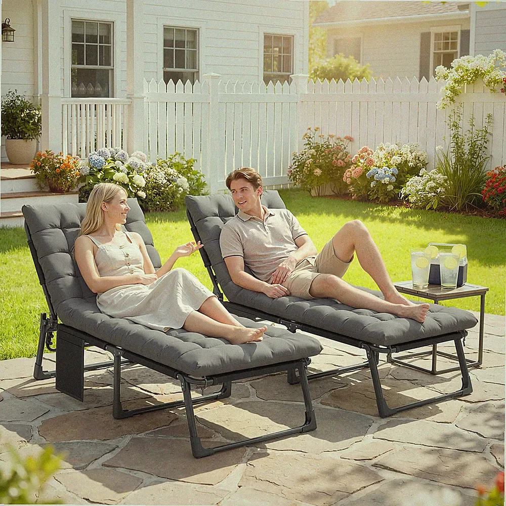 Outsunny Folding Chaise Lounge Chair Outdoor Set of 2 w/ Cushion, Dark Gray