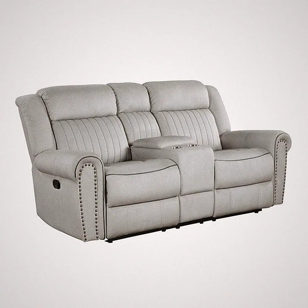 Pemberly Row Microfiber Double Reclining Loveseat with Console 300 lbs in Mist