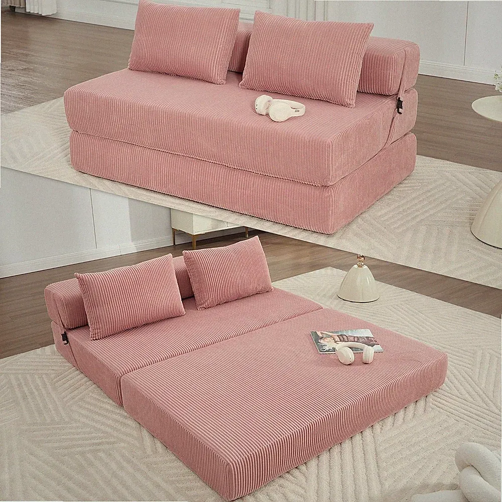 Stylish Pink Folding Sofa Bed - Convertible Loveseat with 2 Pillows