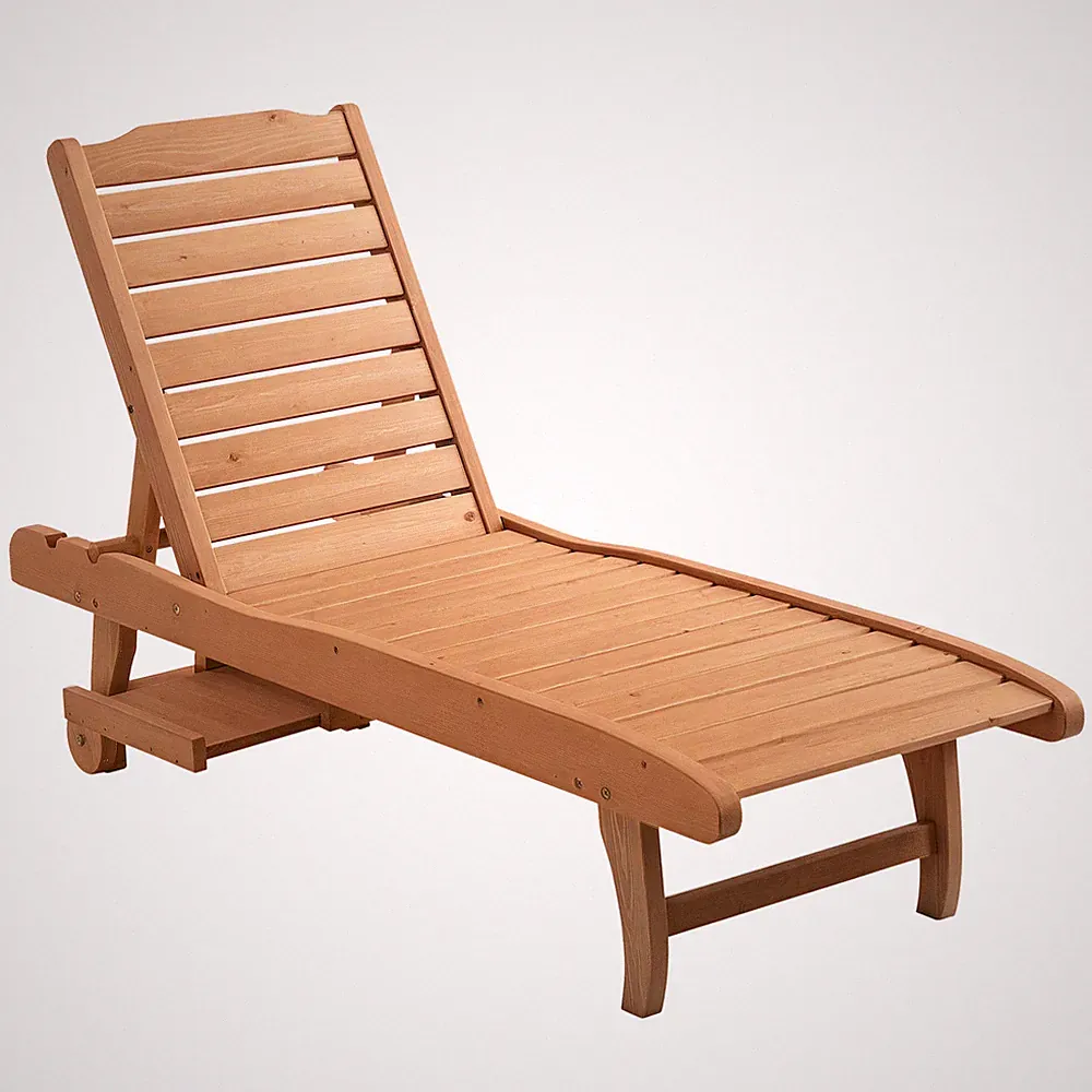 Wood Chaise Lounge Adjustable Recliner Lawn Sunbath Pullout Tray w/2 Wheels