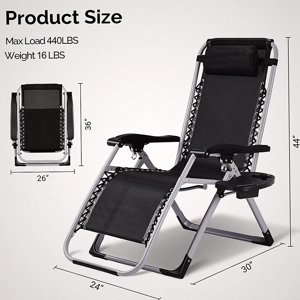 Zero Gravity Reclining Outdoor Black Lounge Chair Load Bearing Capacity 300 LBS